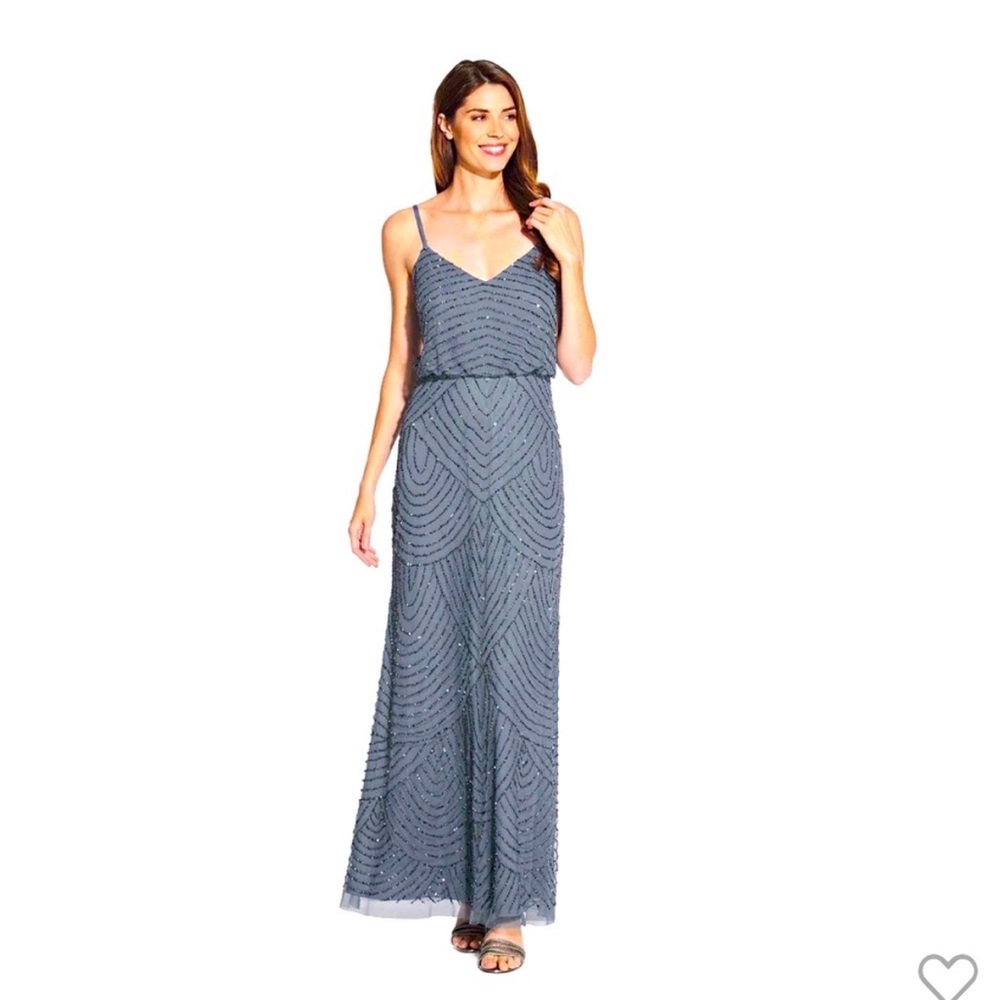 NWT Adrianna Pappell Beaded Blouson Gown in Dusty Blue